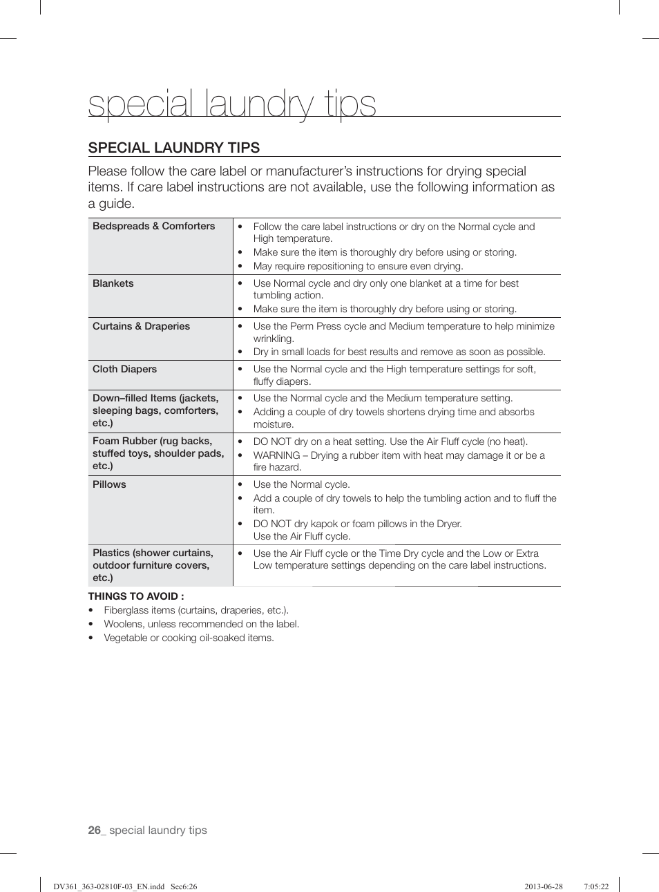 Special laundry tips | Samsung DV361GWBEWR-A3 User Manual | Page 26 / 112