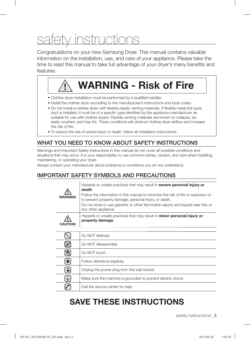 Safety instructions, Warning - risk of fire, Save these instructions | What you need to know about safety instructions, Important safety symbols and precautions | Samsung DV361GWBEWR-A3 User Manual | Page 3 / 112