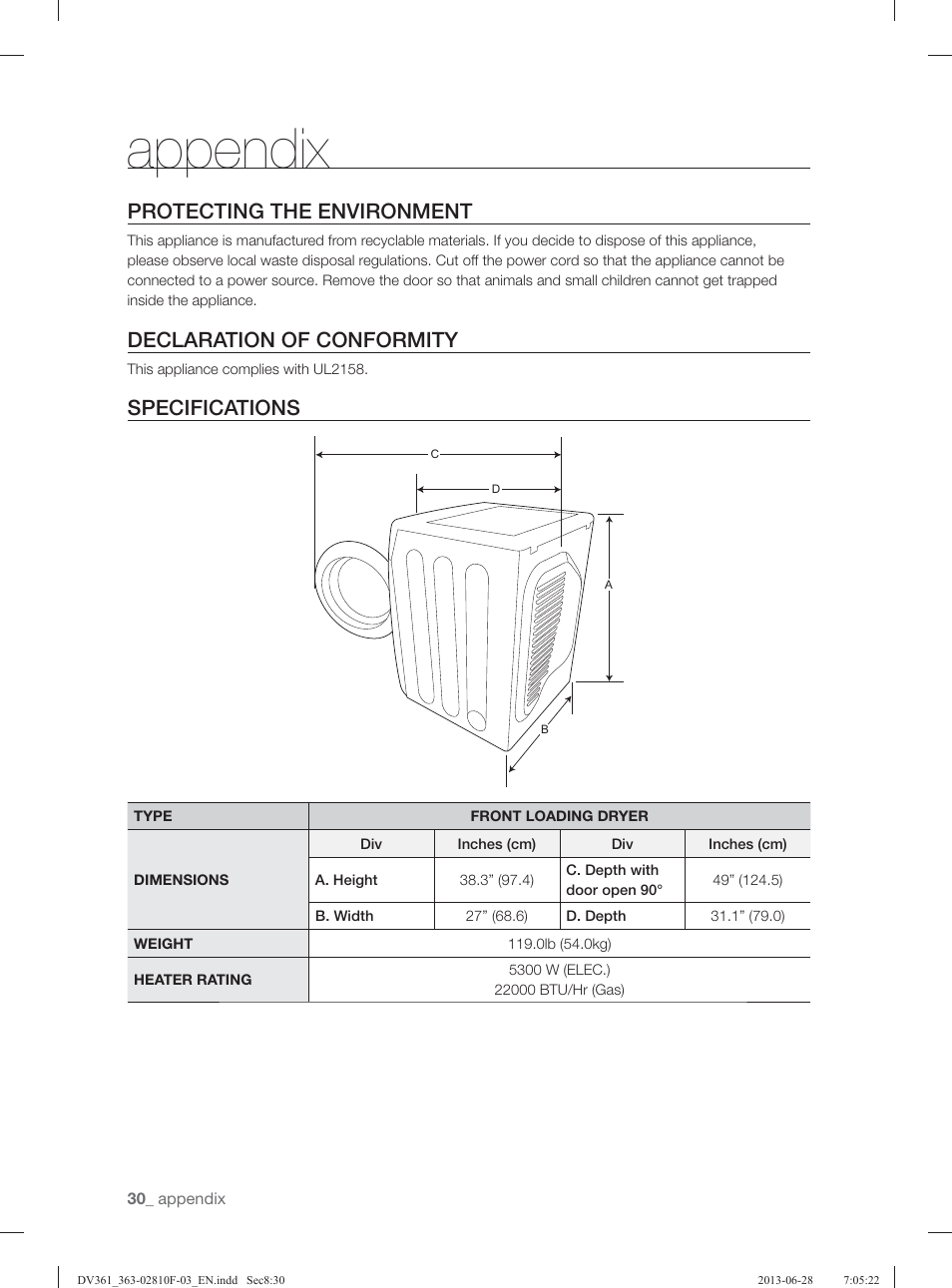 Appendix, Protecting the environment, Declaration of conformity | Specifications | Samsung DV361GWBEWR-A3 User Manual | Page 30 / 112