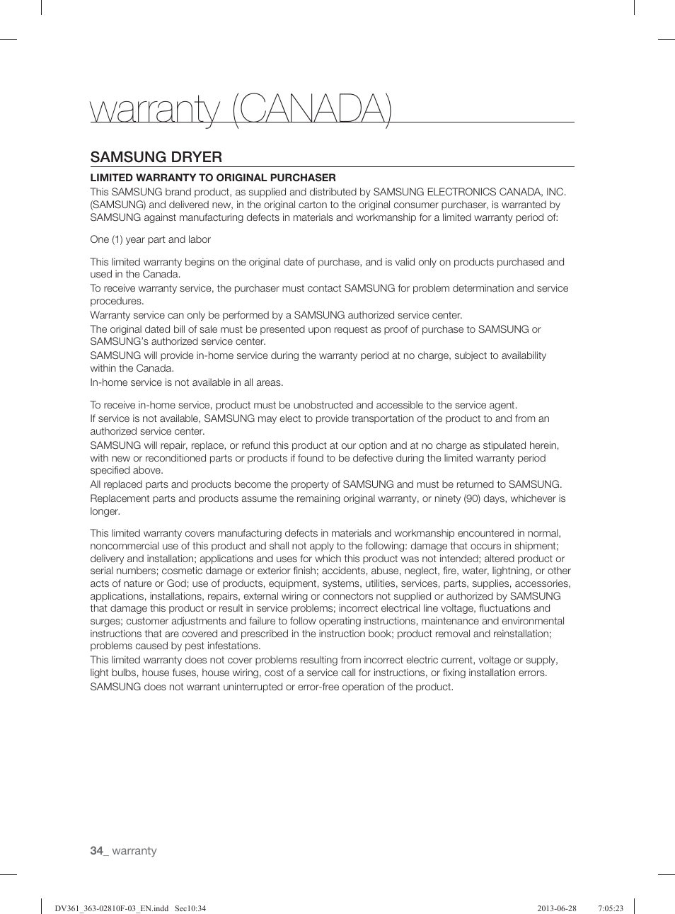 Warranty (canada), Samsung dryer | Samsung DV361GWBEWR-A3 User Manual | Page 34 / 112