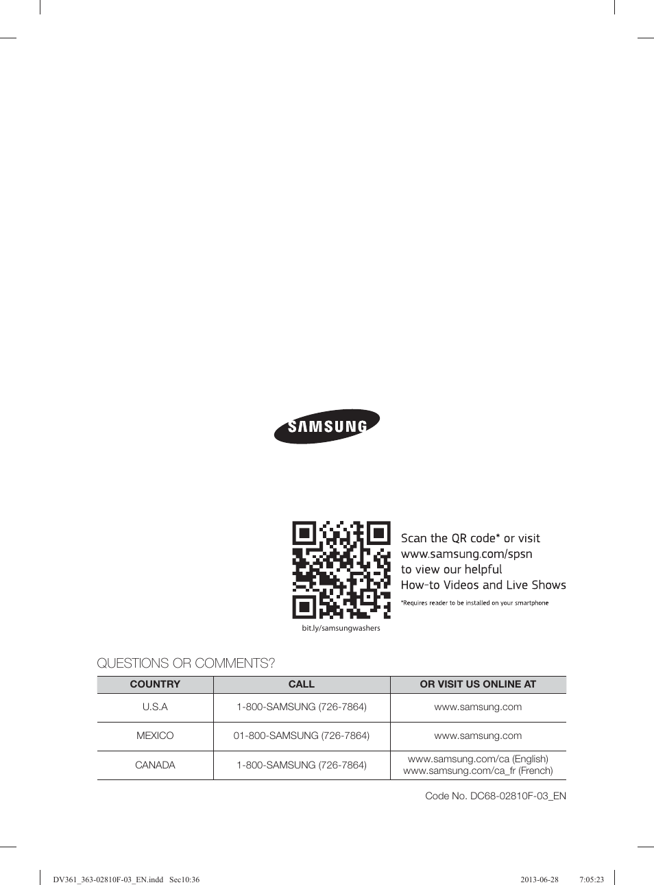 Questions or comments | Samsung DV361GWBEWR-A3 User Manual | Page 36 / 112