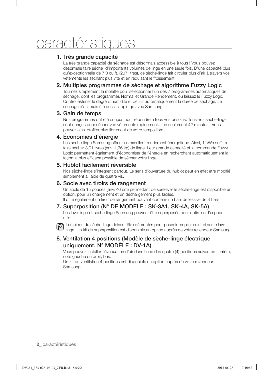 Caractéristiques | Samsung DV361GWBEWR-A3 User Manual | Page 38 / 112