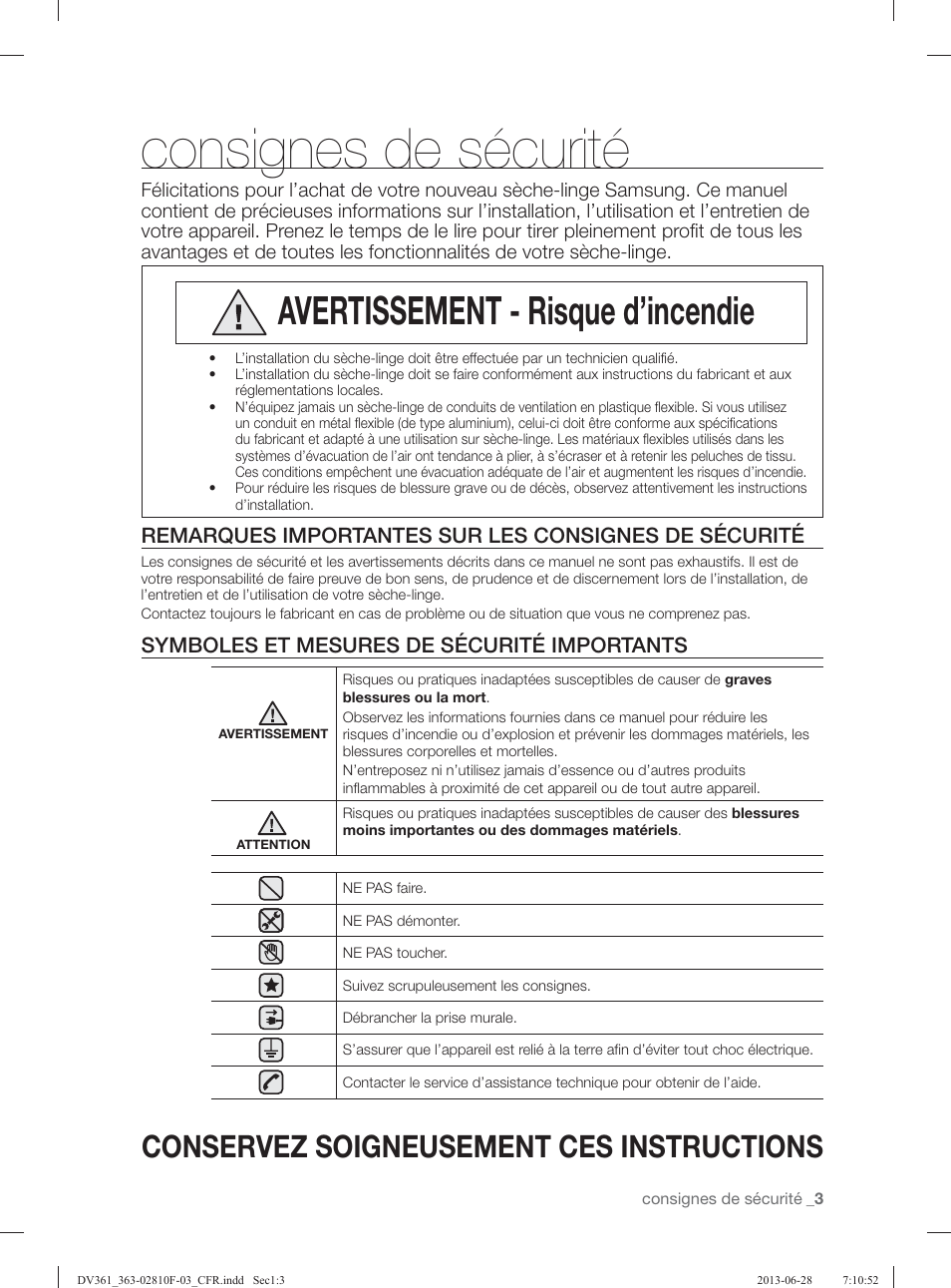 Consignes de sécurité, Avertissement - risque d’incendie, Conservez soigneusement ces instructions | Symboles et mesures de sécurité importants | Samsung DV361GWBEWR-A3 User Manual | Page 39 / 112