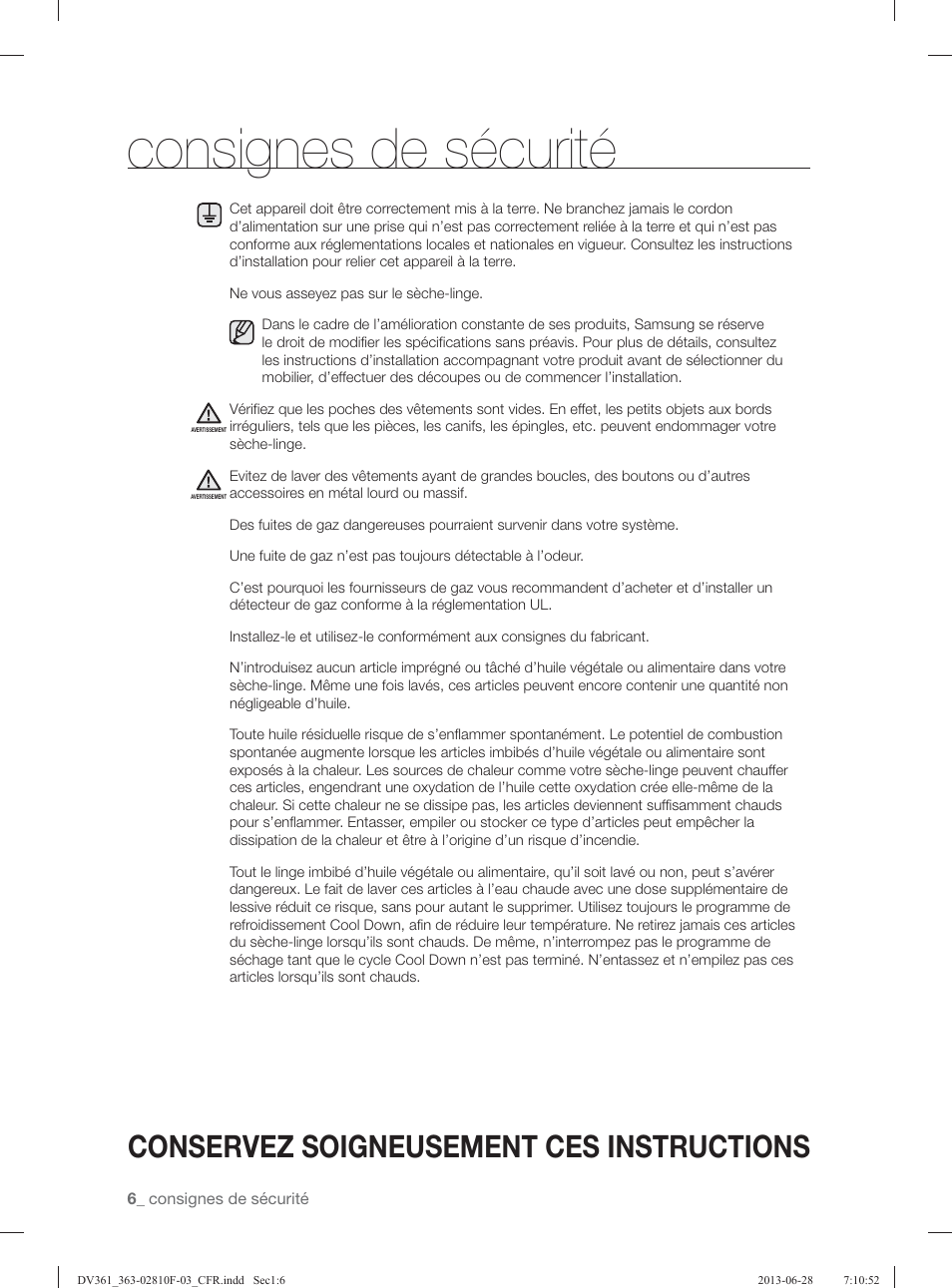 Consignes de sécurité, Conservez soigneusement ces instructions | Samsung DV361GWBEWR-A3 User Manual | Page 42 / 112