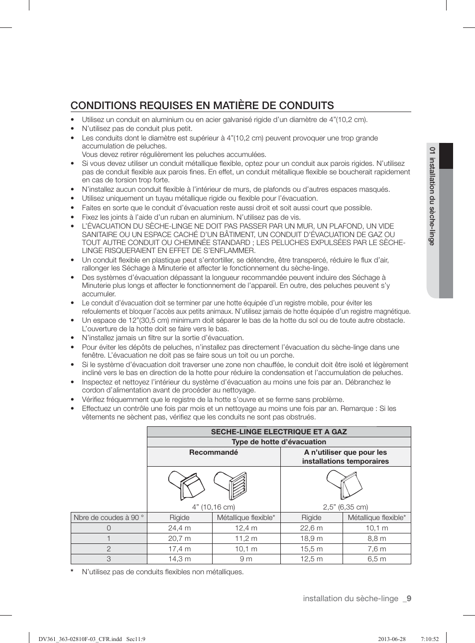 Conditions requises en matière de conduits | Samsung DV361GWBEWR-A3 User Manual | Page 45 / 112