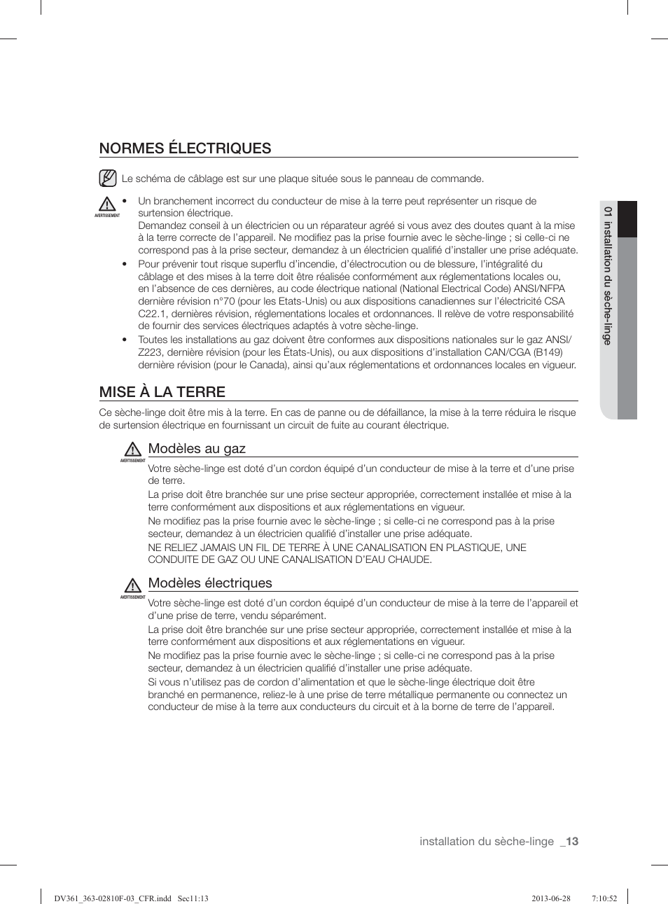 Normes électriques, Mise à la terre, Modèles au gaz | Modèles électriques | Samsung DV361GWBEWR-A3 User Manual | Page 49 / 112