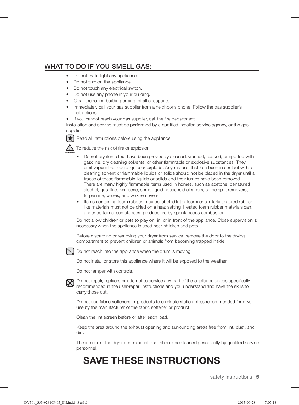 Save these instructions, What to do if you smell gas | Samsung DV361GWBEWR-A3 User Manual | Page 5 / 112