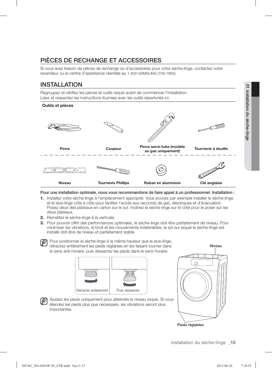 Pièces de rechange et accessoires, Installation | Samsung DV361GWBEWR-A3 User Manual | Page 51 / 112