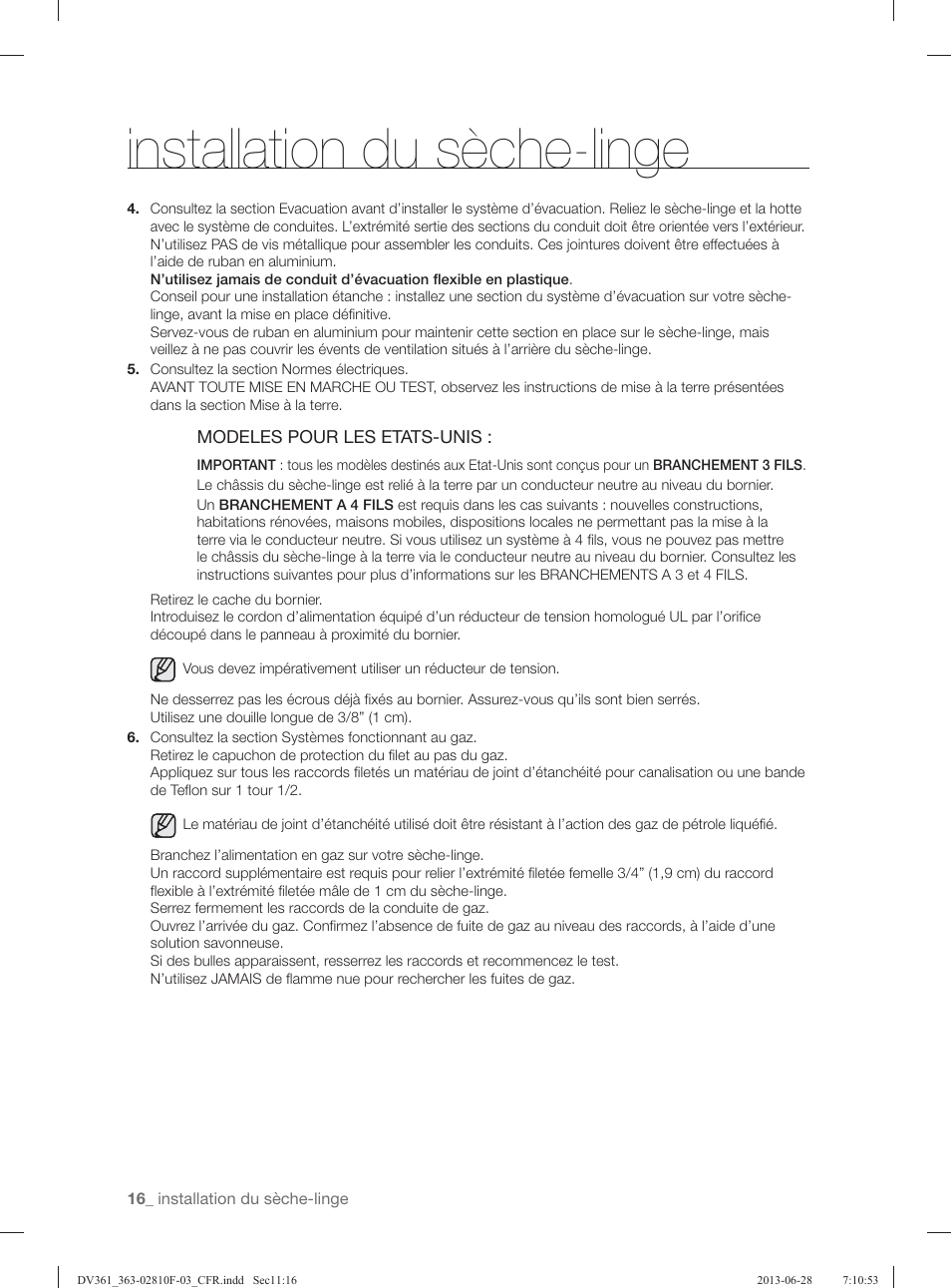Installation du sèche-linge | Samsung DV361GWBEWR-A3 User Manual | Page 52 / 112