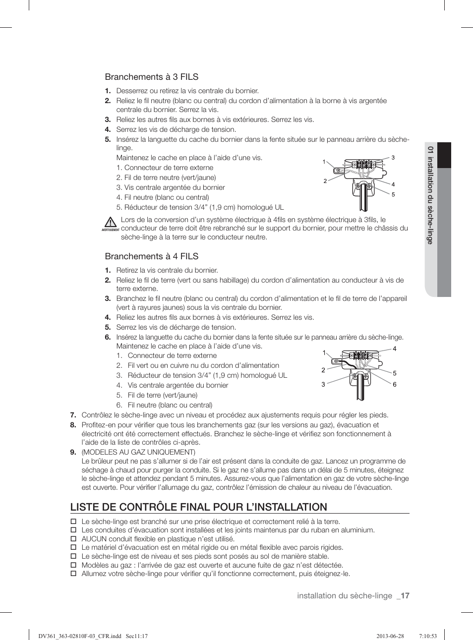 Liste de contrôle final pour l’installation | Samsung DV361GWBEWR-A3 User Manual | Page 53 / 112