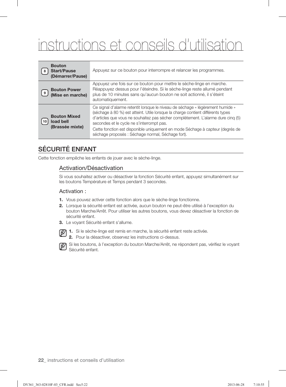 Instructions et conseils d’utilisation, Sécurité enfant, Activation/désactivation | Samsung DV361GWBEWR-A3 User Manual | Page 58 / 112