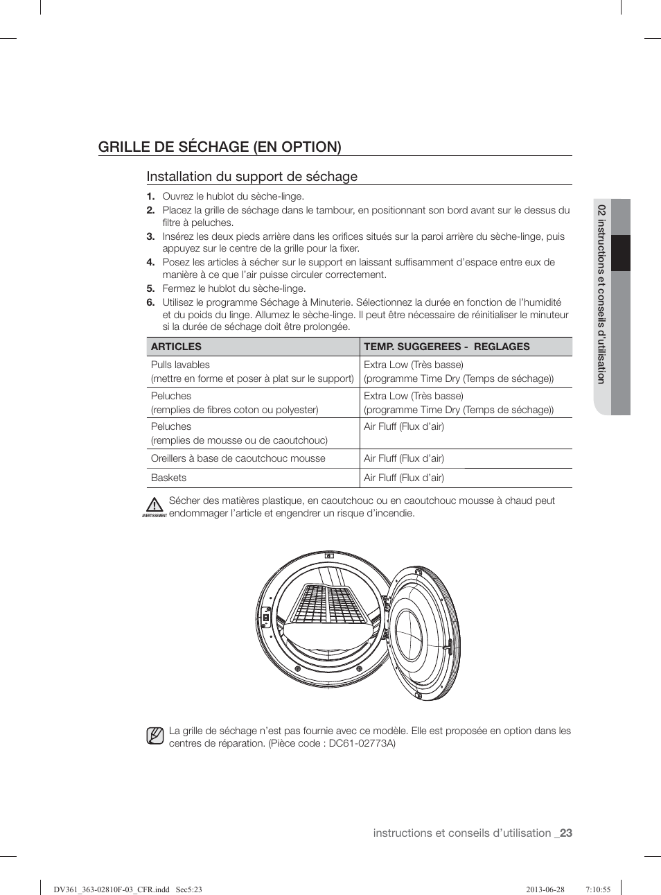 Grille de séchage (en option), Installation du support de séchage | Samsung DV361GWBEWR-A3 User Manual | Page 59 / 112