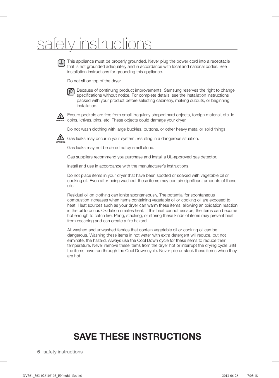 Safety instructions, Save these instructions | Samsung DV361GWBEWR-A3 User Manual | Page 6 / 112