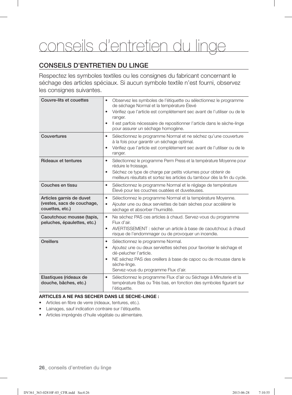 Conseils d’entretien du linge | Samsung DV361GWBEWR-A3 User Manual | Page 62 / 112