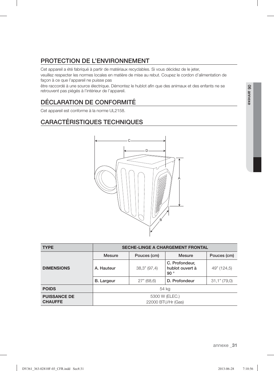Protection de l’environnement, Déclaration de conformité, Caractéristiques techniques | Samsung DV361GWBEWR-A3 User Manual | Page 67 / 112