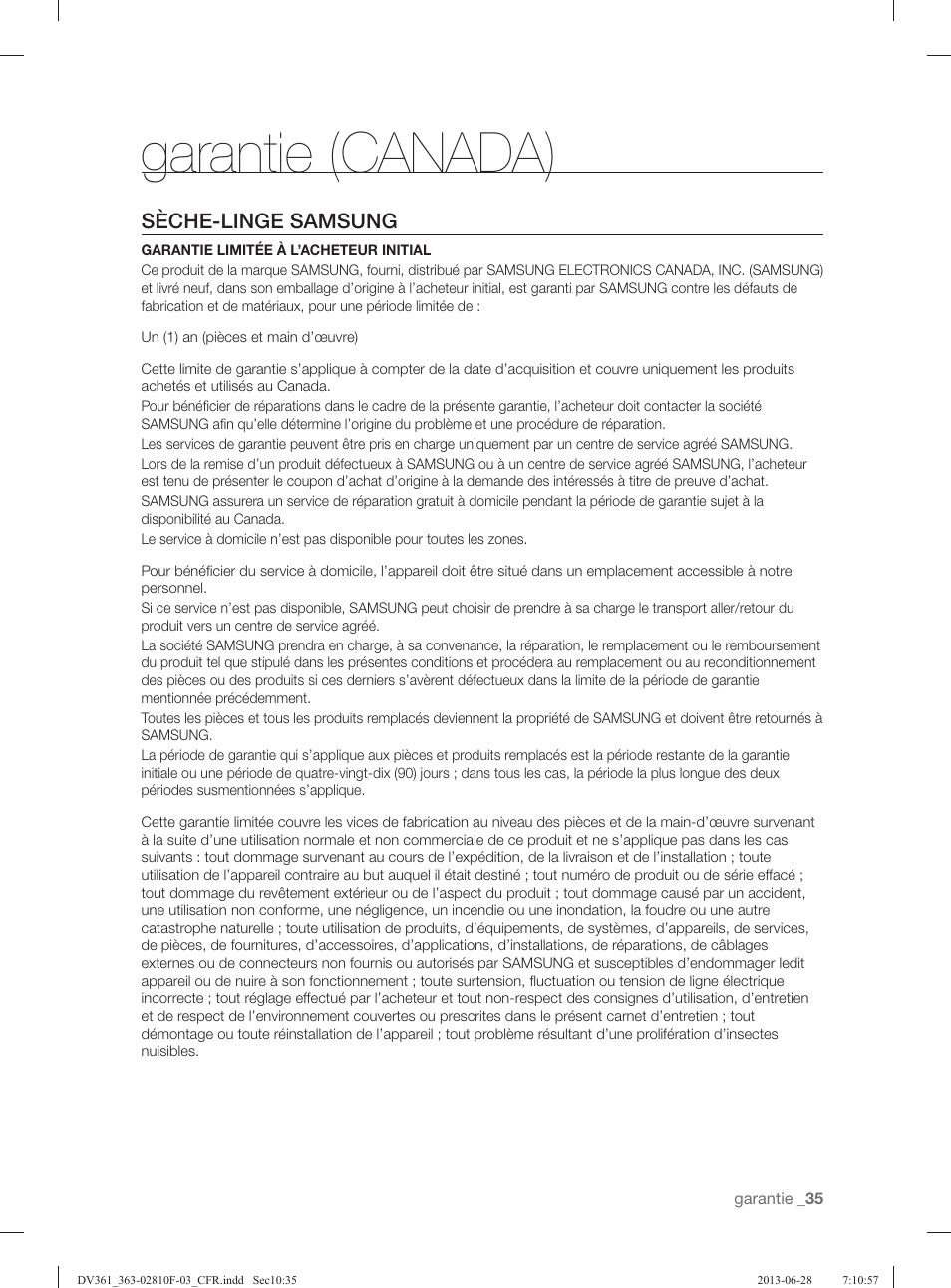 Garantie (canada), Sèche-linge samsung | Samsung DV361GWBEWR-A3 User Manual | Page 71 / 112
