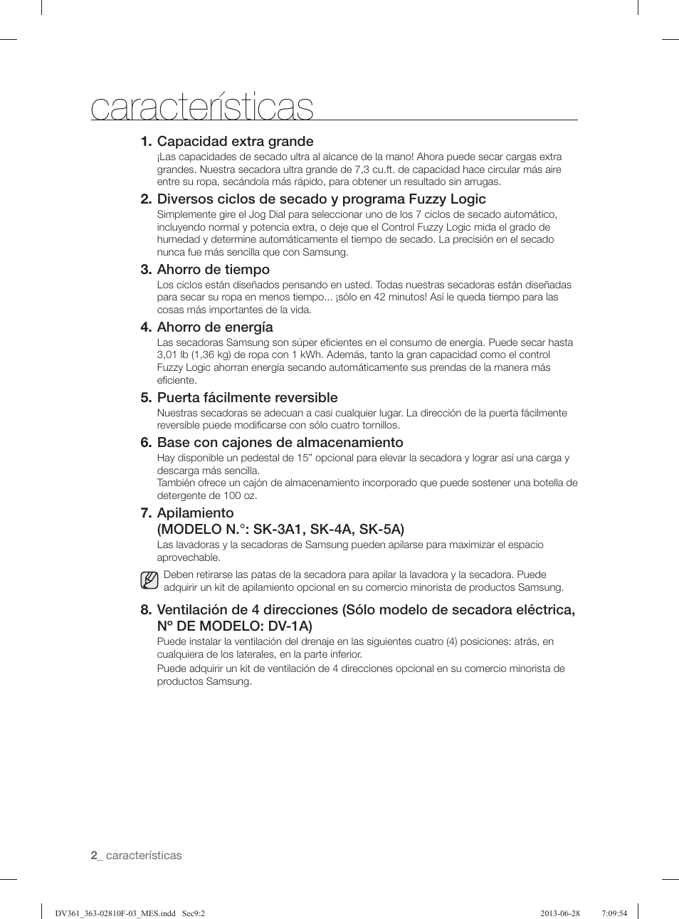 Características | Samsung DV361GWBEWR-A3 User Manual | Page 78 / 112