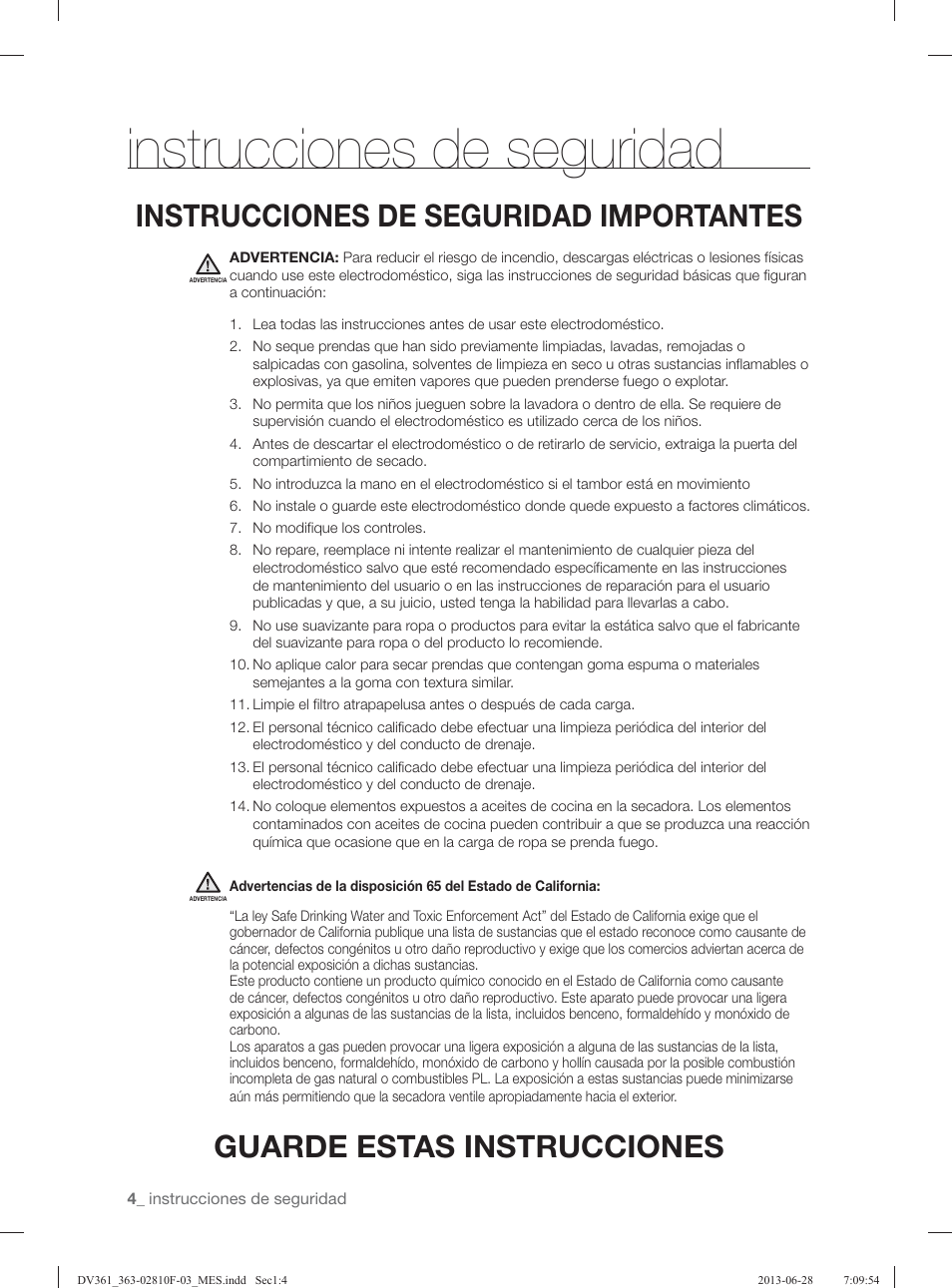 Instrucciones de seguridad, Guarde estas instrucciones, Instrucciones de seguridad importantes | Samsung DV361GWBEWR-A3 User Manual | Page 80 / 112