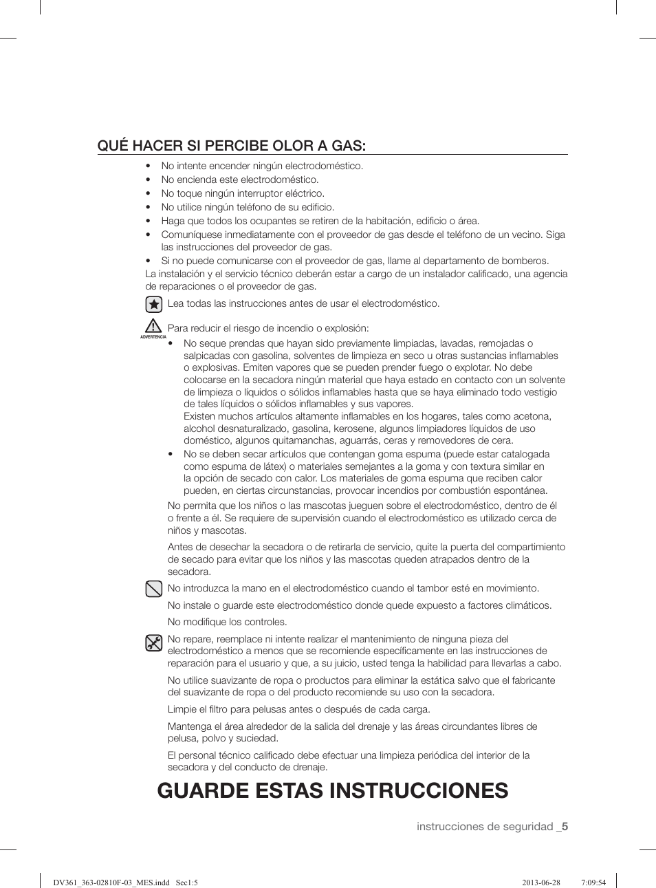 Guarde estas instrucciones, Qué hacer si percibe olor a gas | Samsung DV361GWBEWR-A3 User Manual | Page 81 / 112