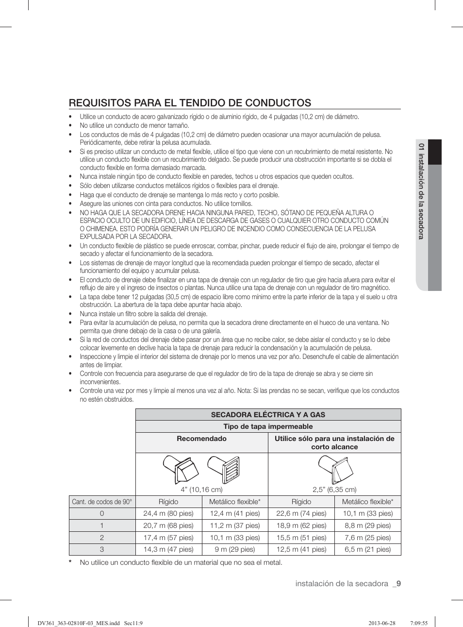 Requisitos para el tendido de conductos | Samsung DV361GWBEWR-A3 User Manual | Page 85 / 112