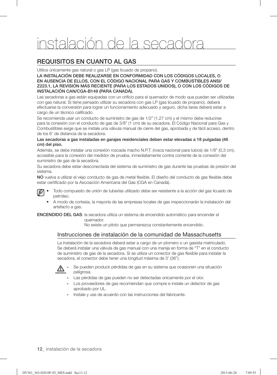 Instalación de la secadora, Requisitos en cuanto al gas | Samsung DV361GWBEWR-A3 User Manual | Page 88 / 112