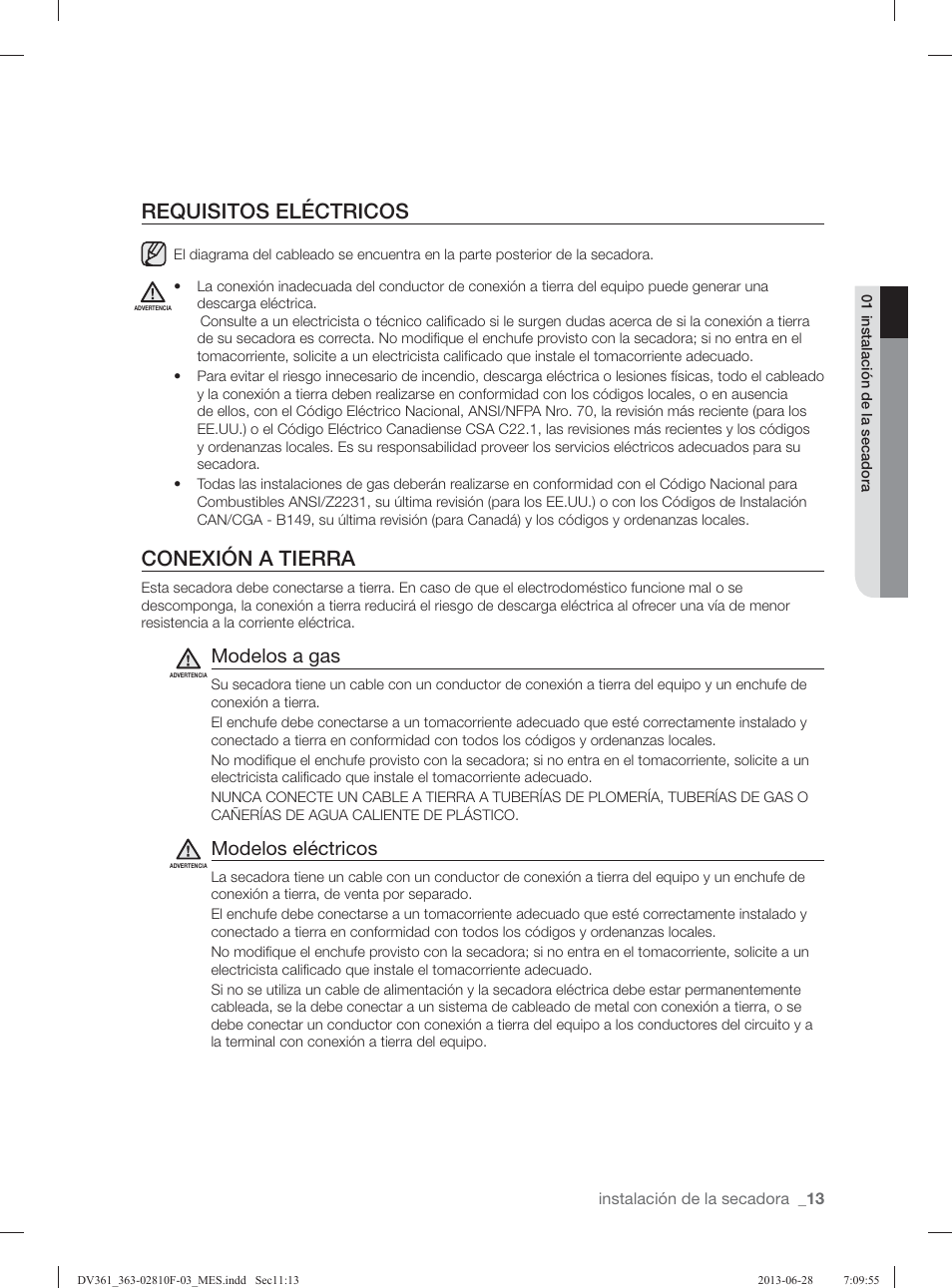 Requisitos eléctricos, Conexión a tierra, Modelos a gas | Modelos eléctricos | Samsung DV361GWBEWR-A3 User Manual | Page 89 / 112
