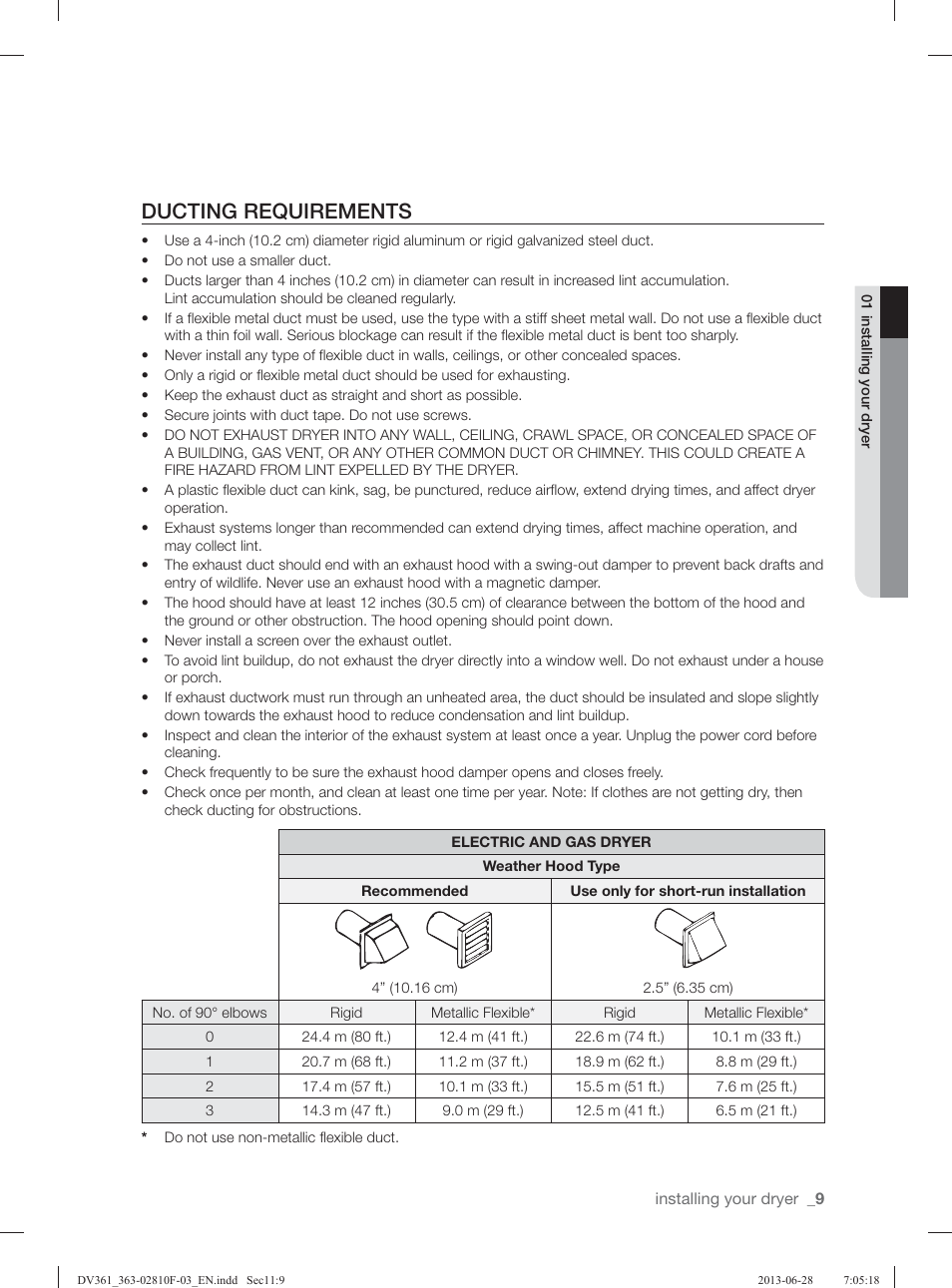 Ducting requirements | Samsung DV361GWBEWR-A3 User Manual | Page 9 / 112