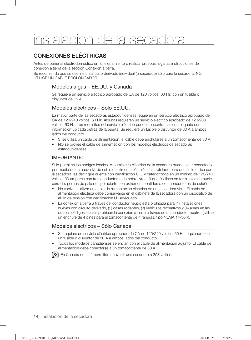 Instalación de la secadora, Conexiones eléctricas | Samsung DV361GWBEWR-A3 User Manual | Page 90 / 112