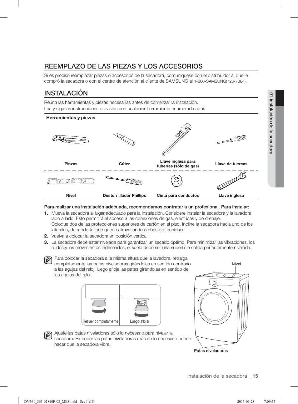 Reemplazo de las piezas y los accesorios, Instalación | Samsung DV361GWBEWR-A3 User Manual | Page 91 / 112
