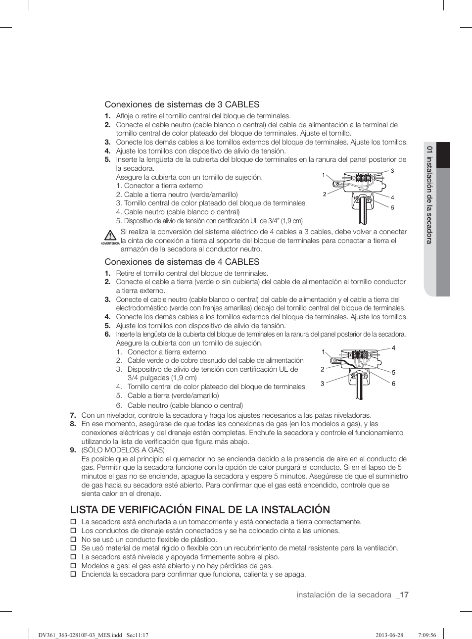 Lista de verificación final de la instalación | Samsung DV361GWBEWR-A3 User Manual | Page 93 / 112