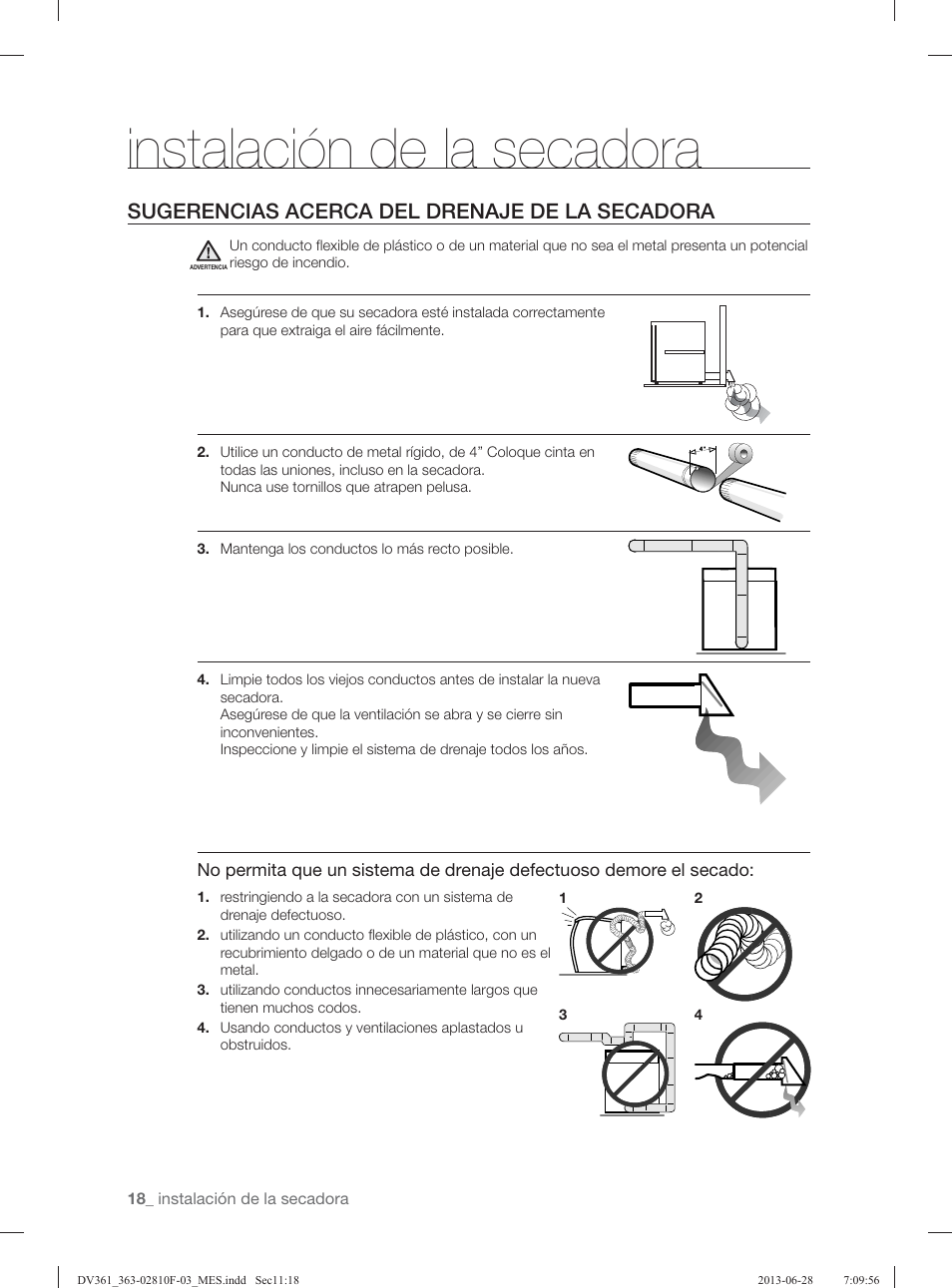 Instalación de la secadora, Sugerencias acerca del drenaje de la secadora | Samsung DV361GWBEWR-A3 User Manual | Page 94 / 112