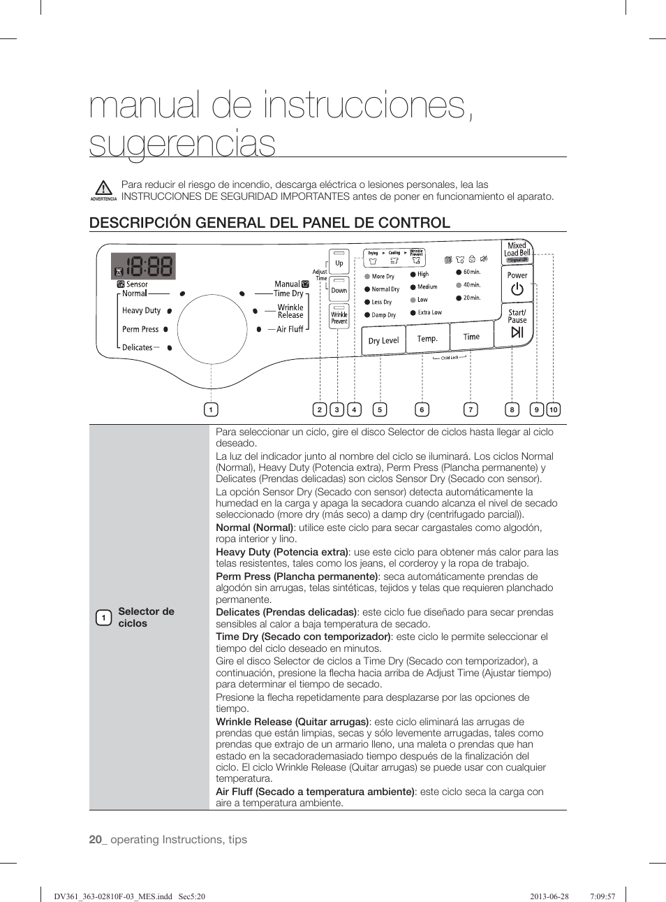 Manual de instrucciones, sugerencias, Descripción general del panel de control | Samsung DV361GWBEWR-A3 User Manual | Page 96 / 112