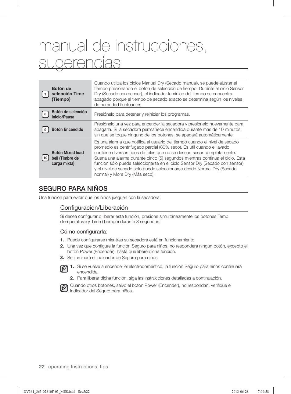 Manual de instrucciones, sugerencias, Seguro para niños, Configuración/liberación | Samsung DV361GWBEWR-A3 User Manual | Page 98 / 112