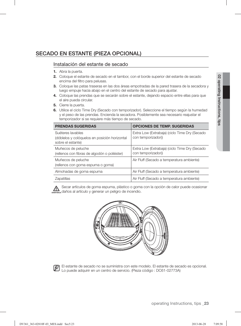 Secado en estante (pieza opcional), Instalación del estante de secado | Samsung DV361GWBEWR-A3 User Manual | Page 99 / 112