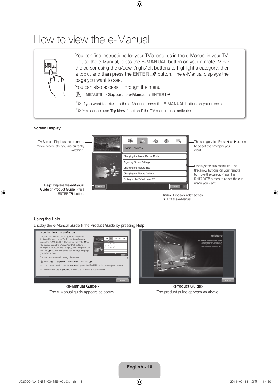 How to view the e-manual, E-manual, English - 18 | Samsung UN46D6900WFXZA User Manual | Page 18 / 74