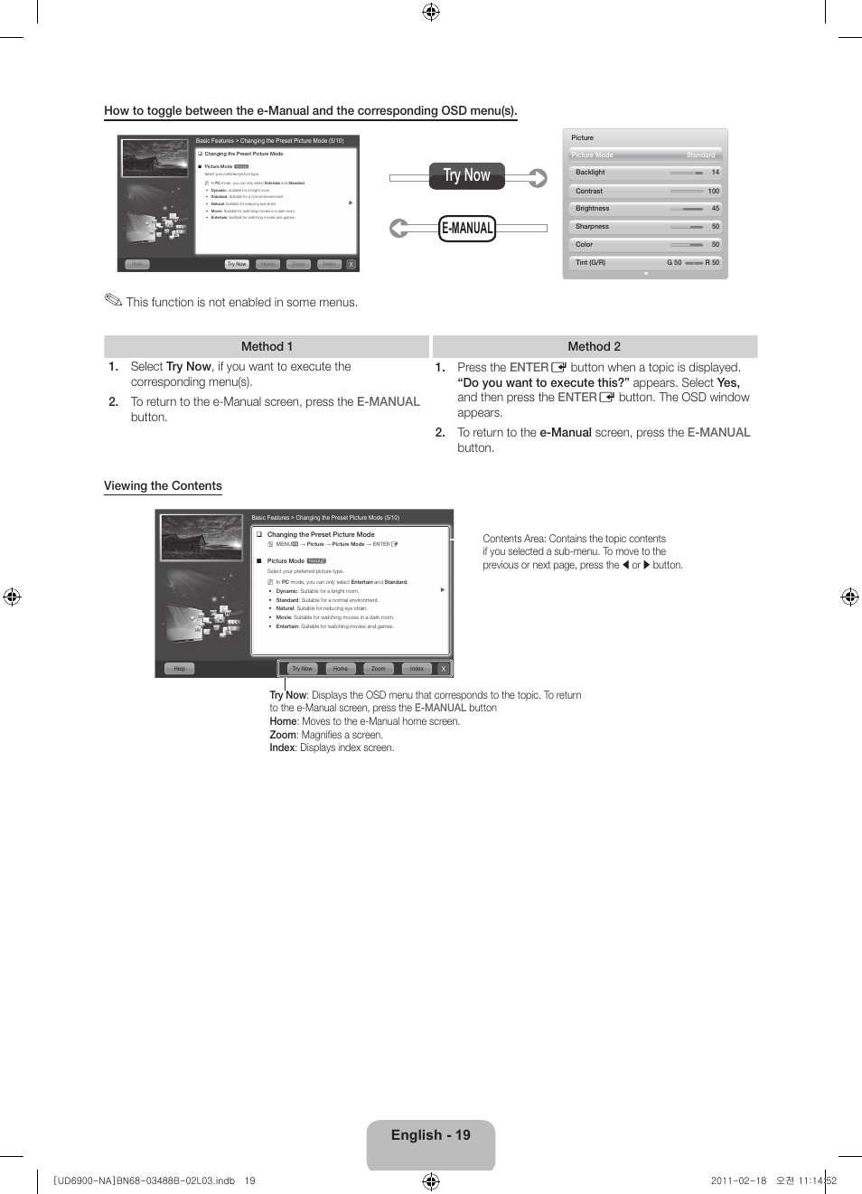 Try now, E-manual, English - 19 | Samsung UN46D6900WFXZA User Manual | Page 19 / 74