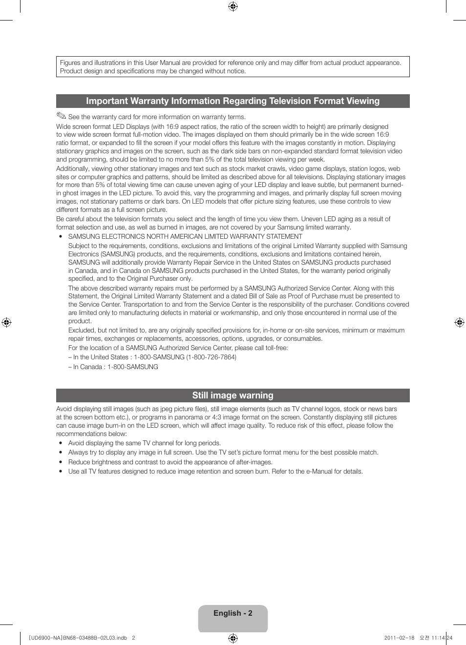 Still image warning | Samsung UN46D6900WFXZA User Manual | Page 2 / 74