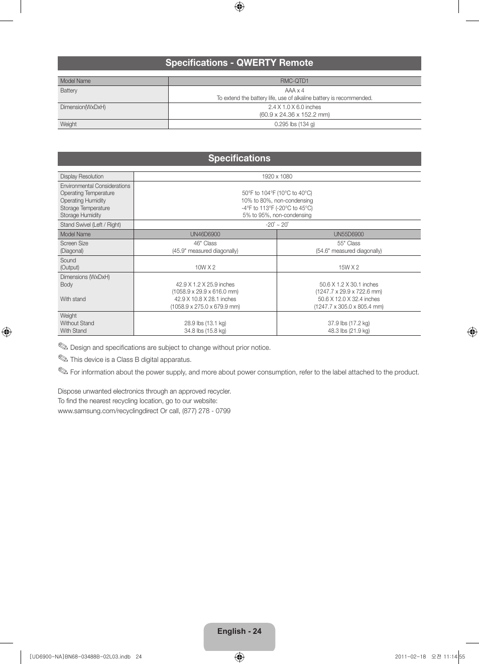 Specifications - qwerty remote, Specifications | Samsung UN46D6900WFXZA User Manual | Page 24 / 74