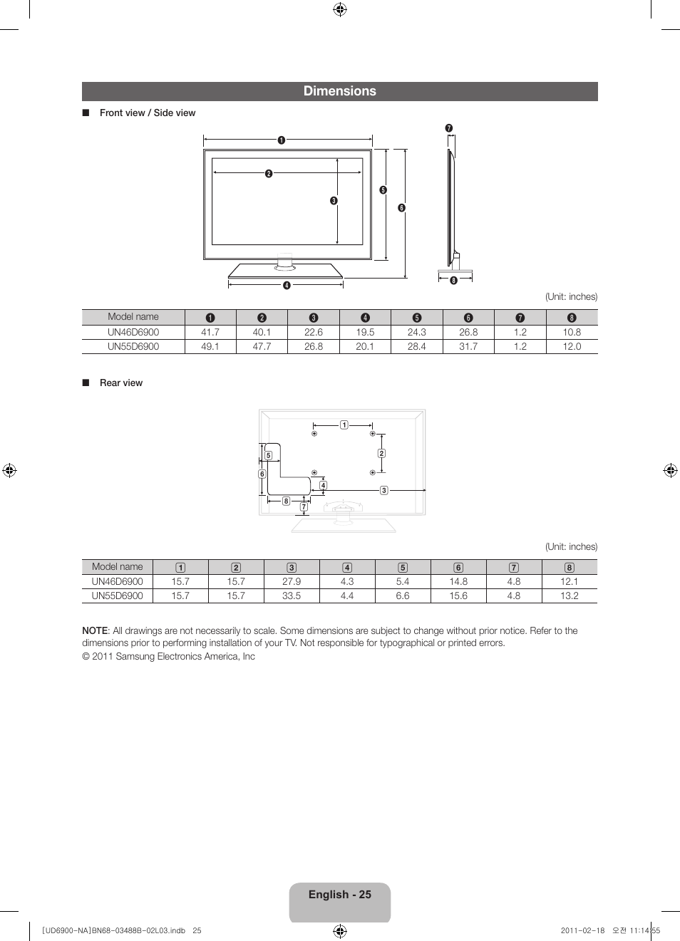 Dimensions | Samsung UN46D6900WFXZA User Manual | Page 25 / 74