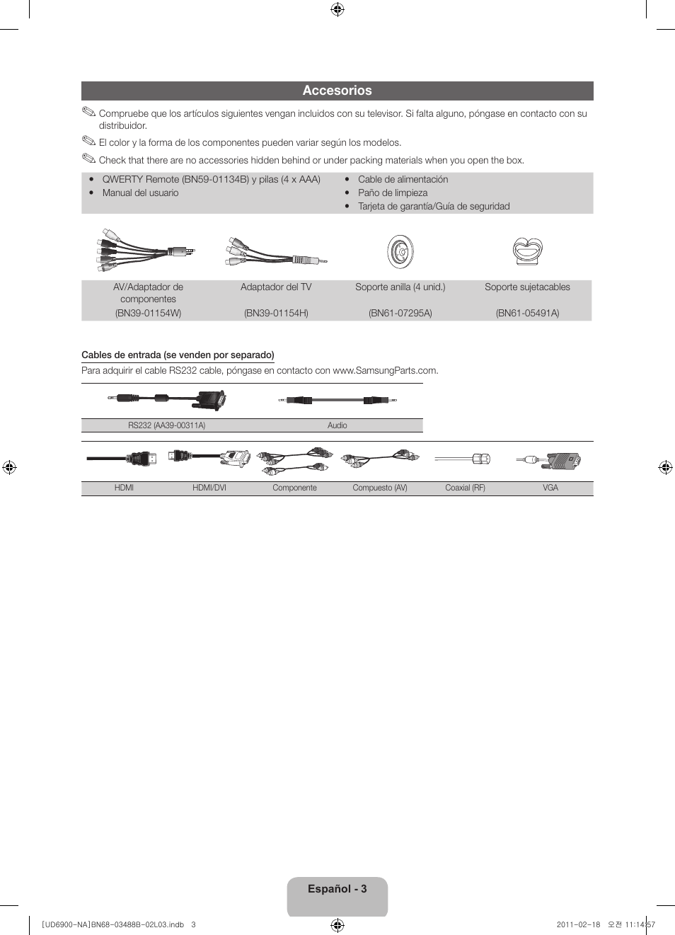 Accesorios | Samsung UN46D6900WFXZA User Manual | Page 28 / 74
