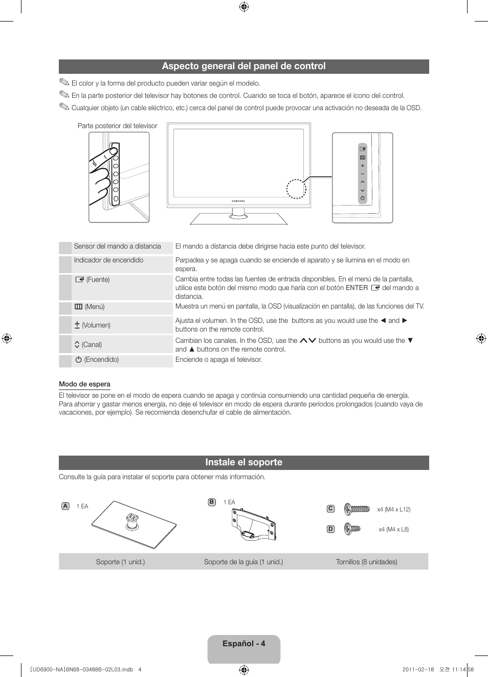 Aspecto general del panel de control, Instale el soporte | Samsung UN46D6900WFXZA User Manual | Page 29 / 74