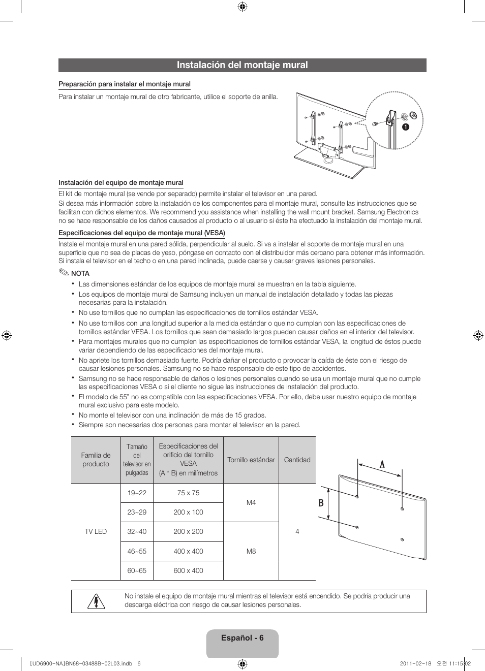 Instalación del montaje mural | Samsung UN46D6900WFXZA User Manual | Page 31 / 74