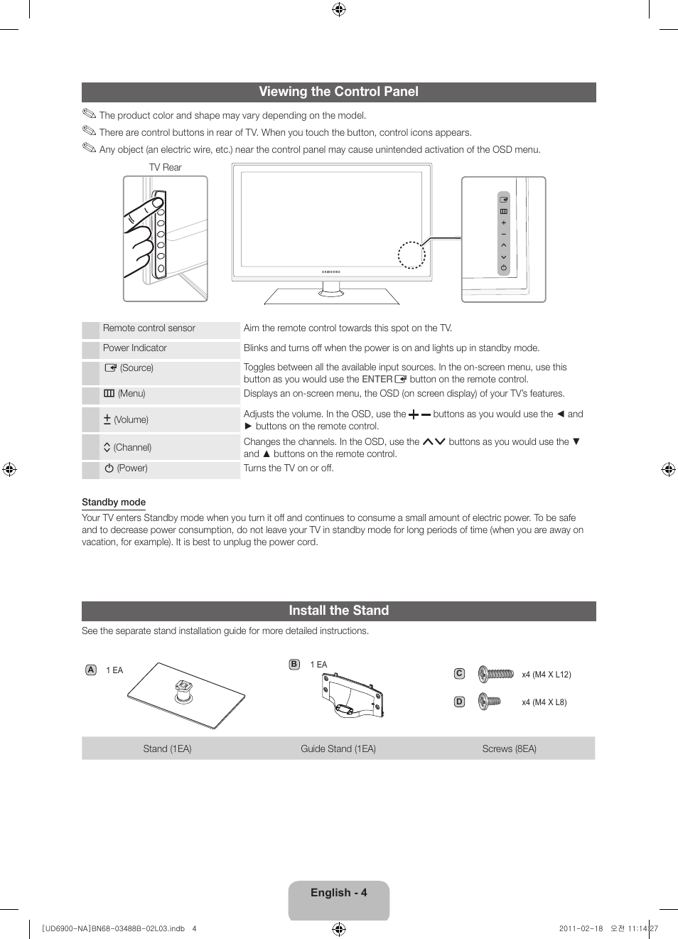Viewing the control panel, Install the stand | Samsung UN46D6900WFXZA User Manual | Page 4 / 74