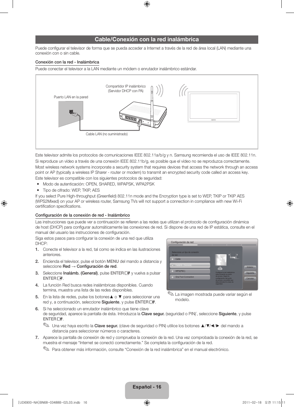 Cable/conexión con la red inalámbrica | Samsung UN46D6900WFXZA User Manual | Page 41 / 74