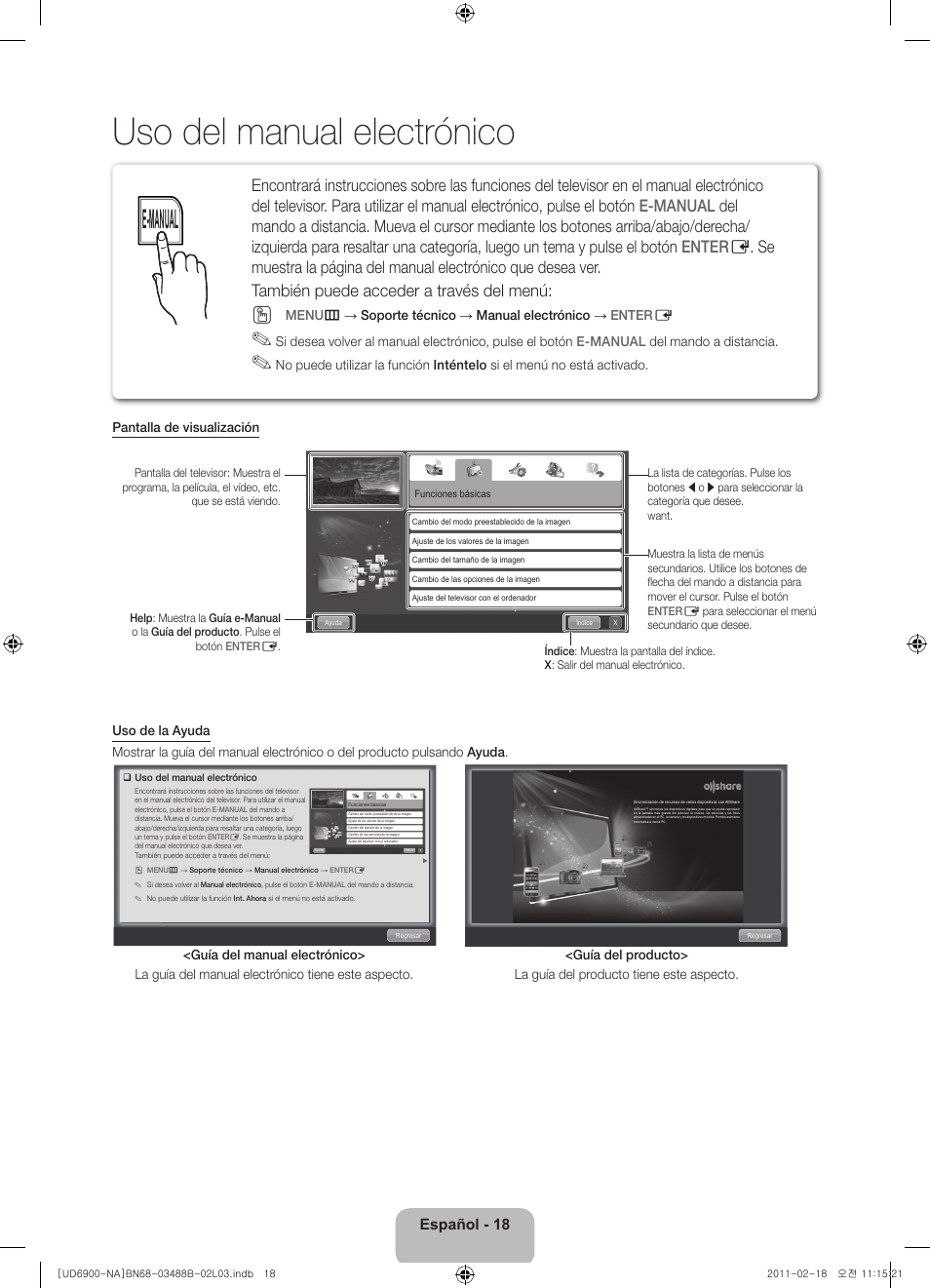 Uso del manual electrónico, E-manual, Español - 18 | Samsung UN46D6900WFXZA User Manual | Page 43 / 74