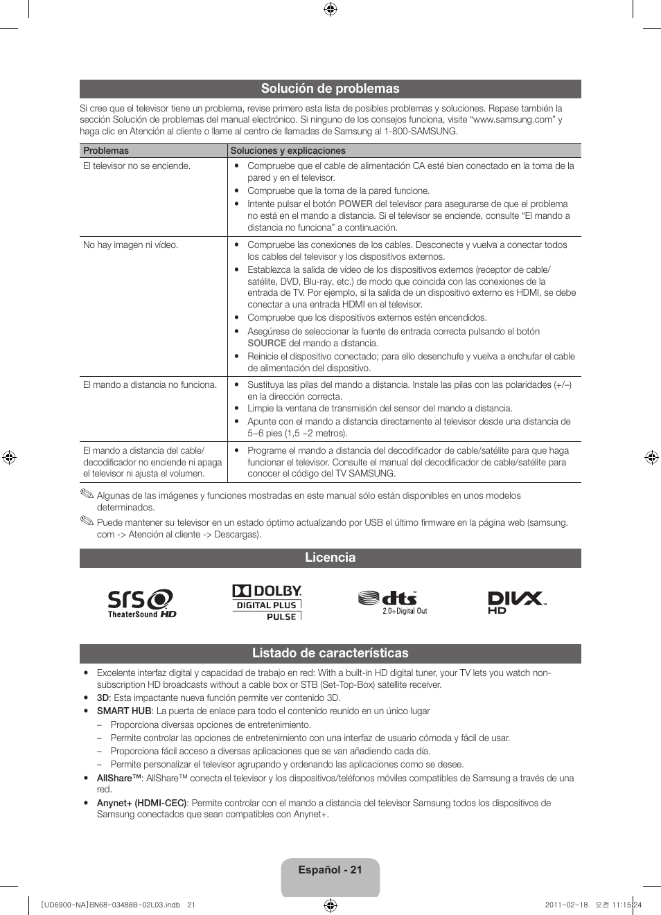 Solución de problemas, Licencia listado de características | Samsung UN46D6900WFXZA User Manual | Page 46 / 74