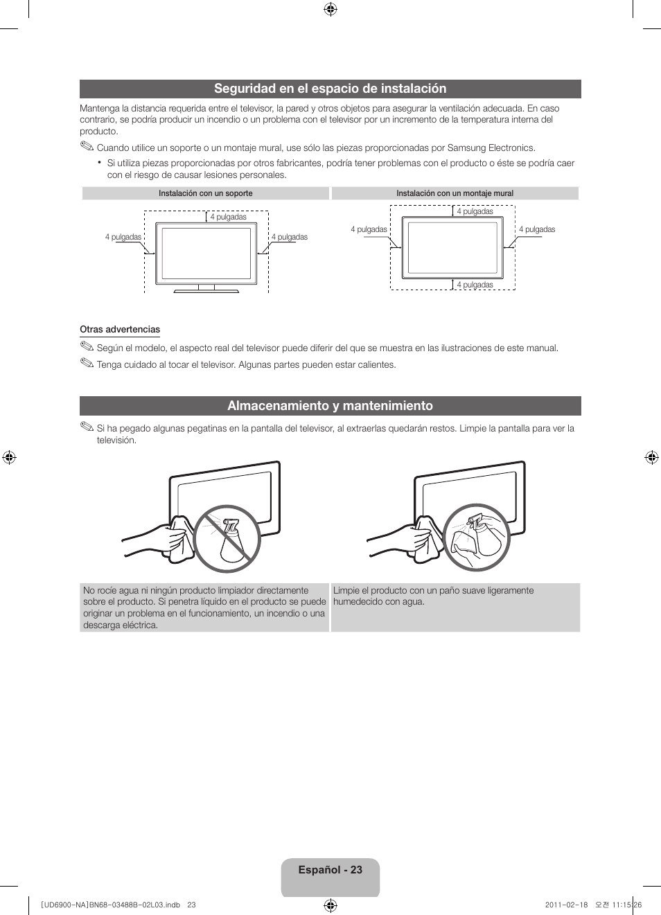 Seguridad en el espacio de instalación, Almacenamiento y mantenimiento | Samsung UN46D6900WFXZA User Manual | Page 48 / 74