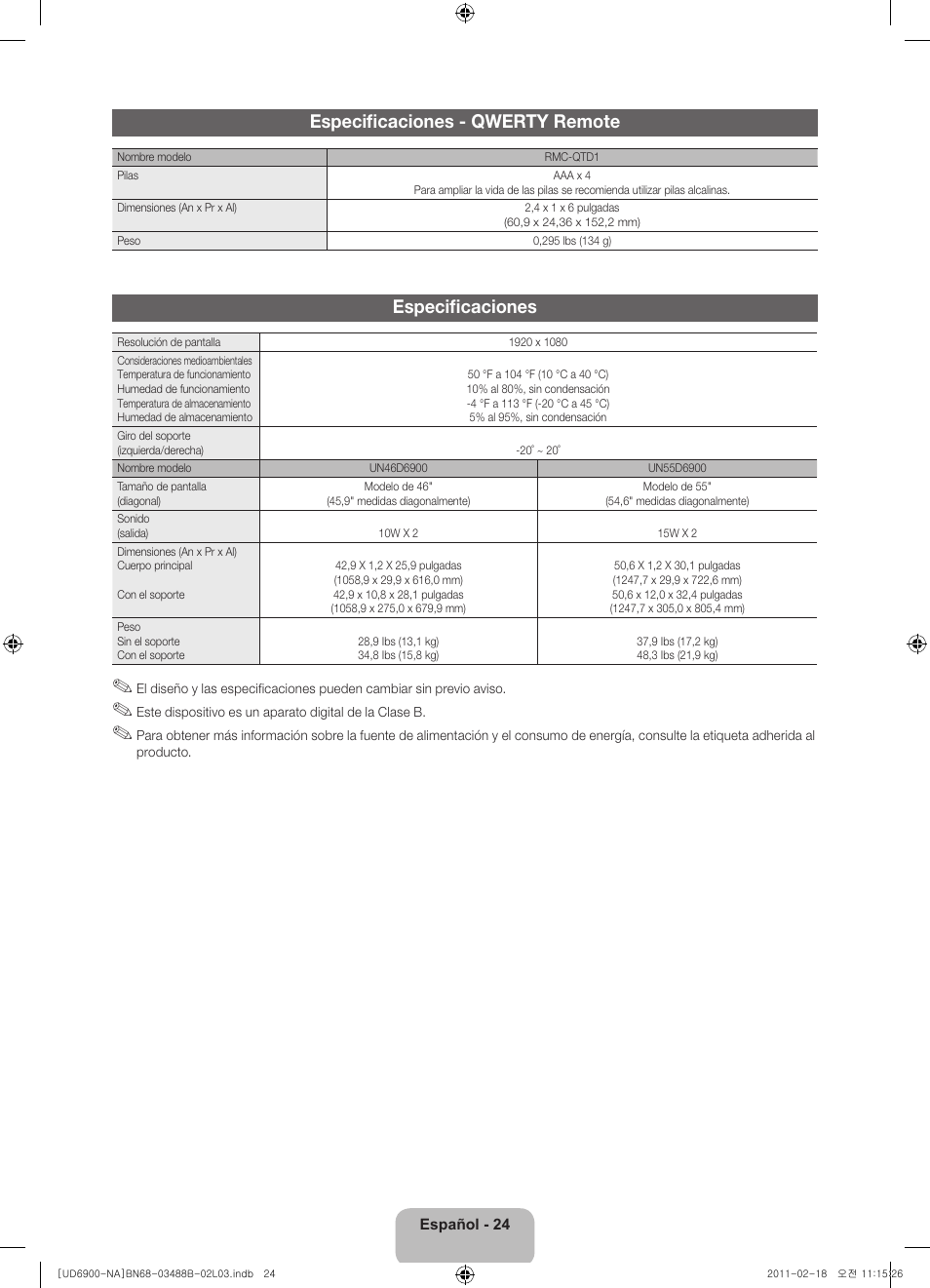 Especificaciones - qwerty remote, Especificaciones | Samsung UN46D6900WFXZA User Manual | Page 49 / 74