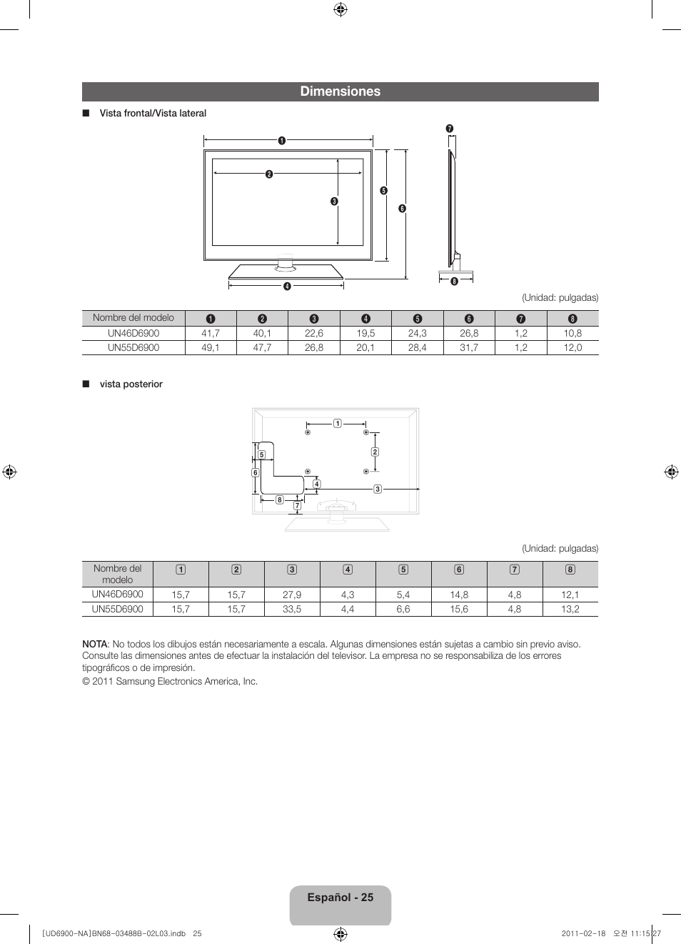 Dimensiones | Samsung UN46D6900WFXZA User Manual | Page 50 / 74