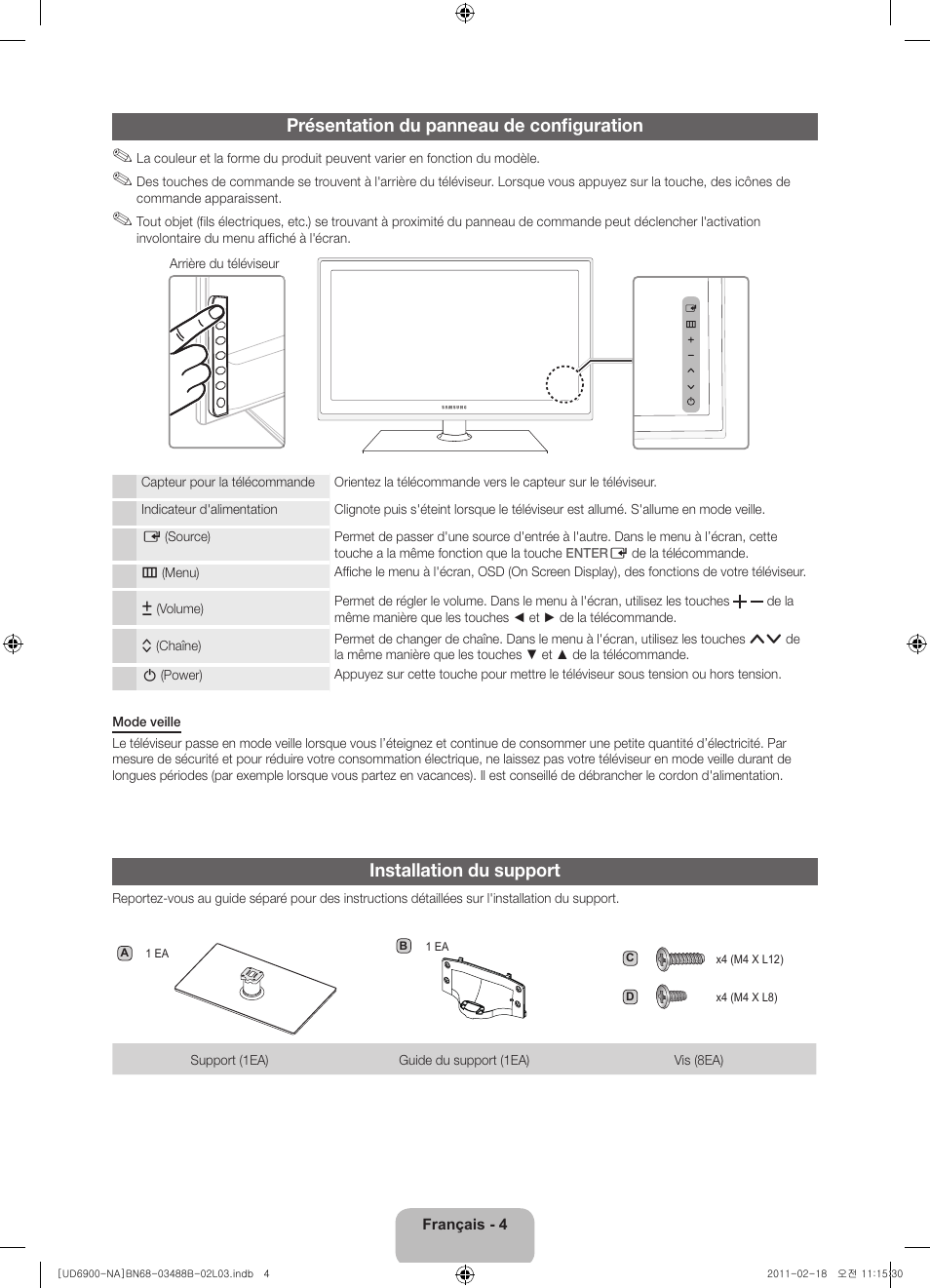 Présentation du panneau de configuration, Installation du support | Samsung UN46D6900WFXZA User Manual | Page 53 / 74